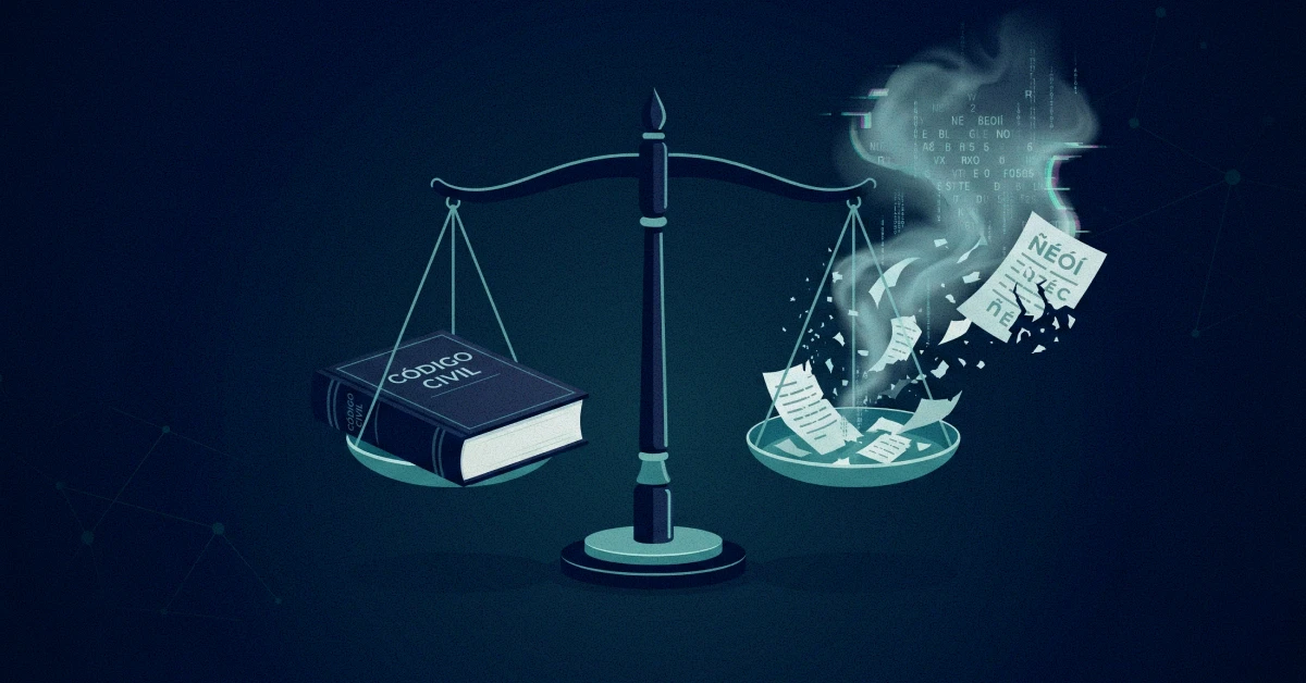 Ilustración conceptual: balanza con jurisprudencia real vs. jurisprudencia inventada por inteligencia artificial