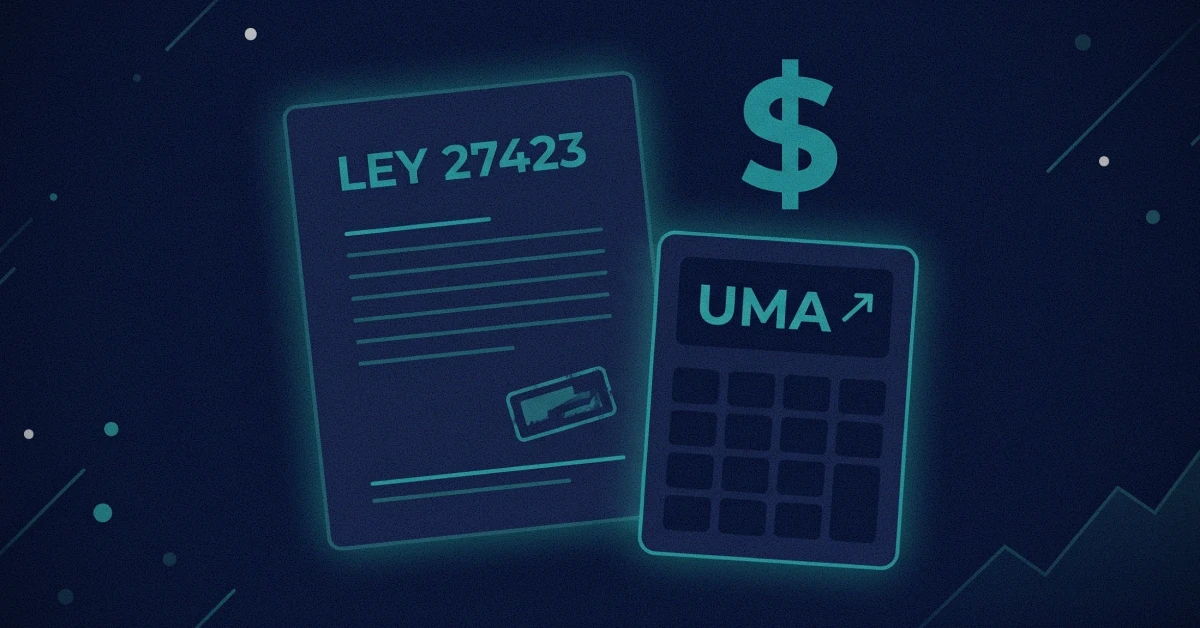 Documento Ley 27423 junto a calculadora UMA — actualización de honorarios regulados al valor vigente al momento del pago